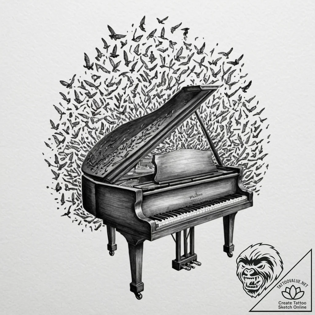 Tattoo design, a grand piano, its keys morph... - tattoo sketch (№1751563960_0, 03.07.2025 17:32) — tattoovalue.net