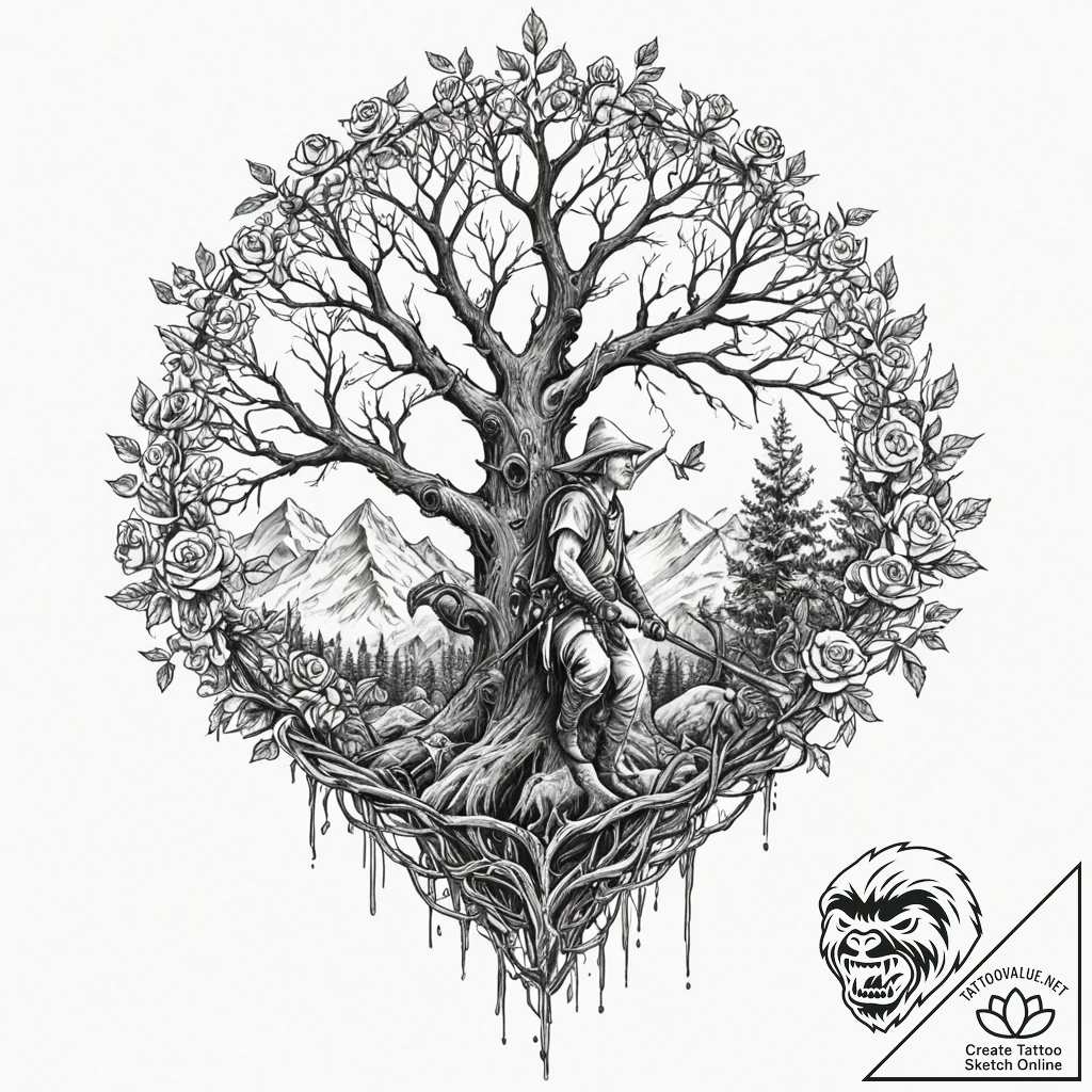 Tattoo sleeve design, world tree navigator, a... - tattoo sketch (№1751564475_0, 03.07.2025 17:41) — tattoovalue.net