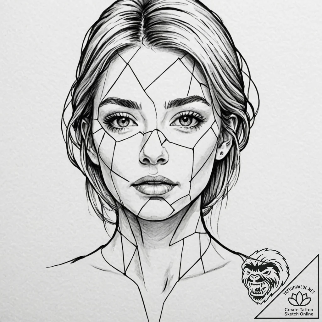 Tattoo design, a face, half human, half made... - tattoo sketch (№1751565629_0, 03.07.2025 18:00) — tattoovalue.net