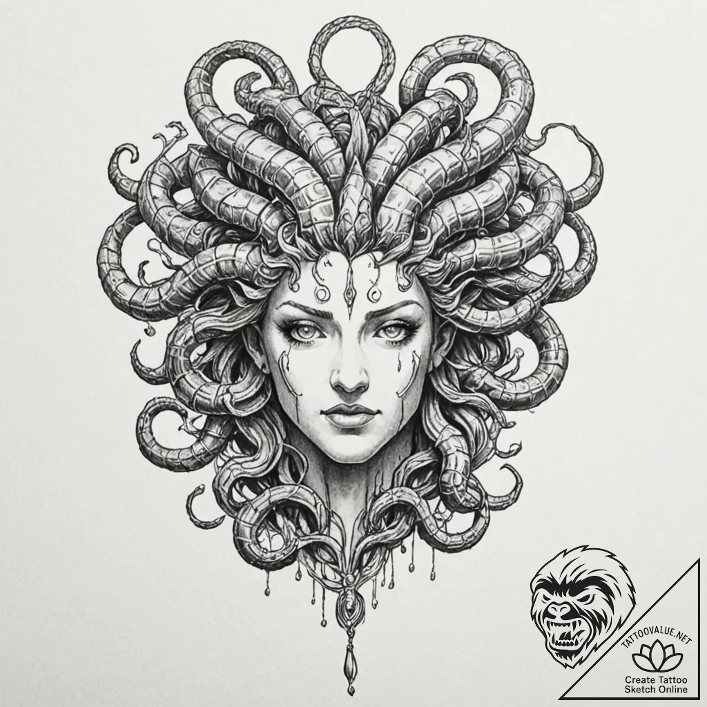 Tattoo design, an ew jammer stylized as a myt... - tattoo sketch (№1751565798_0, 03.07.2025 18:03) — tattoovalue.net
