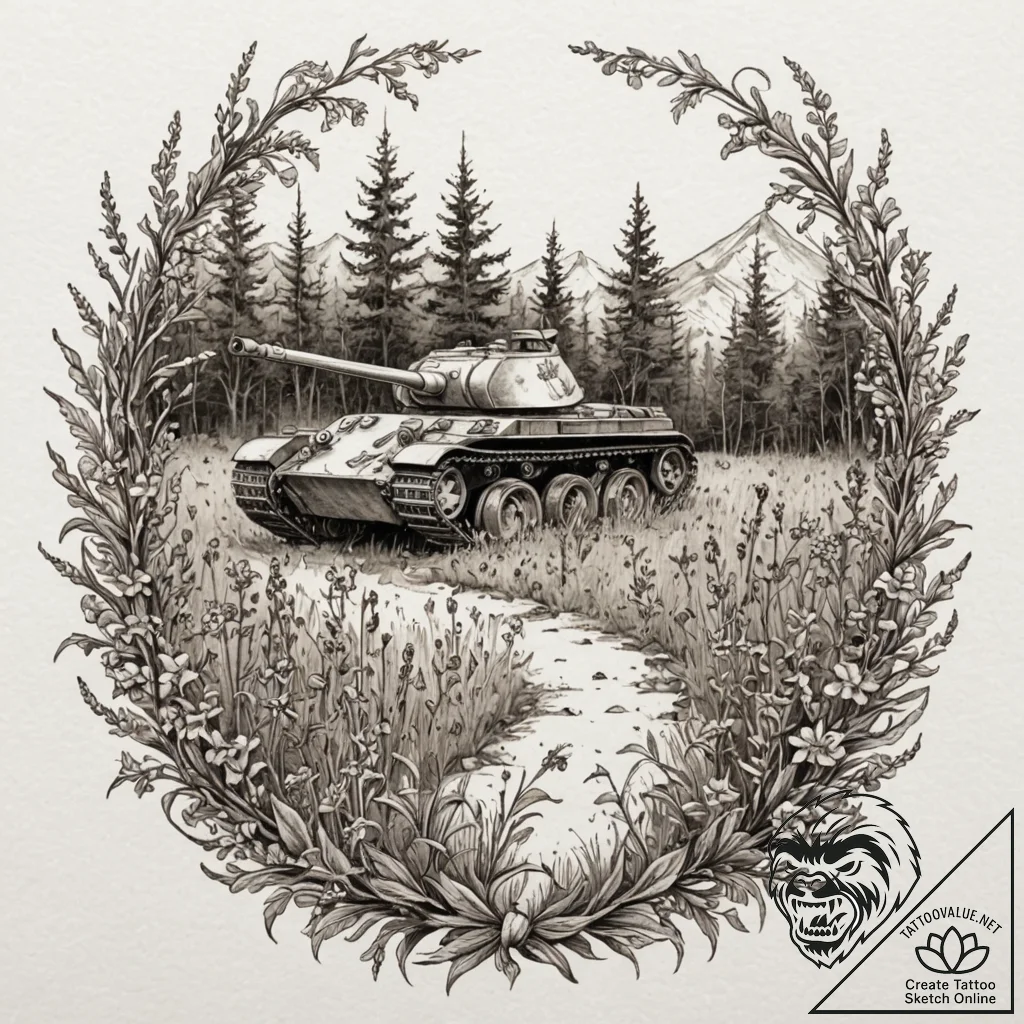 Tattoo design, a modern tank, half-buried in... - tattoo sketch (№1751565884_0, 03.07.2025 18:04) — tattoovalue.net