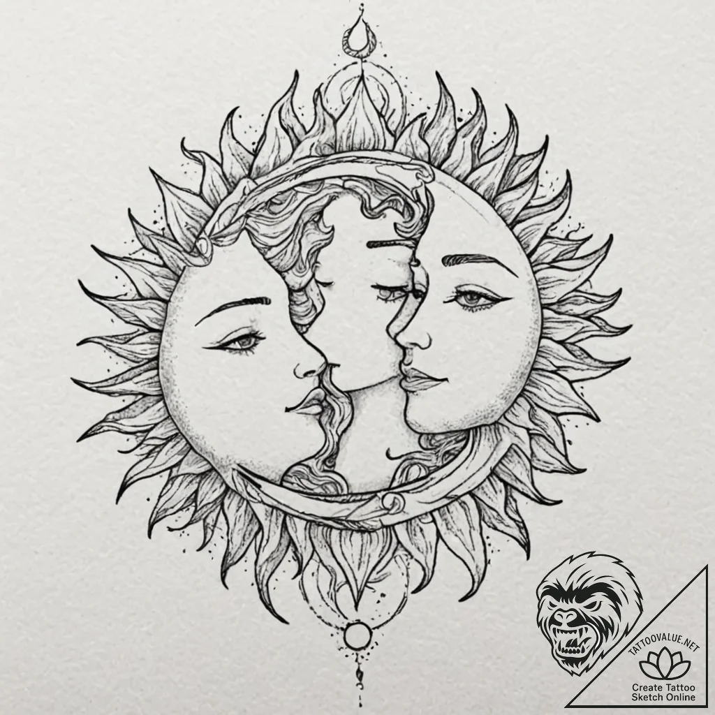 Tattoo design, a sun and moon in a passionate... - tattoo sketch (№1751566401_0, 03.07.2025 18:13) — tattoovalue.net