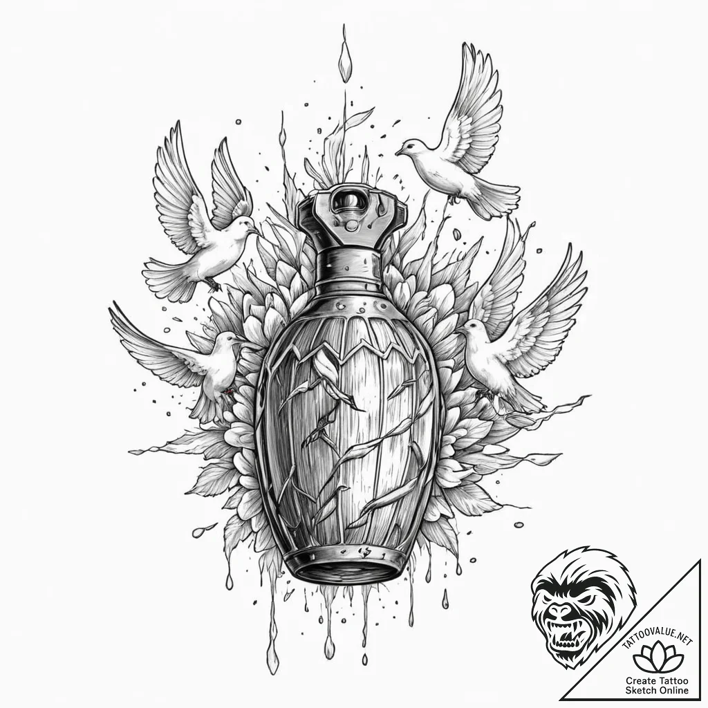 Tattoo design, a grenade, from which a flock... - tattoo sketch (№1751566834_0, 03.07.2025 18:20) — tattoovalue.net