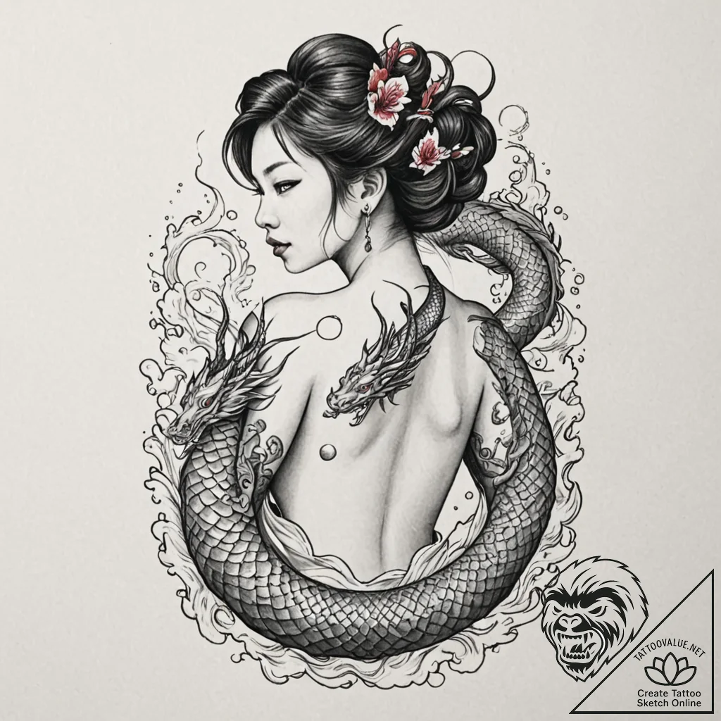 Tattoo design, a beautiful woman with a large... - tattoo sketch (№1751566920_0, 03.07.2025 18:22) — tattoovalue.net