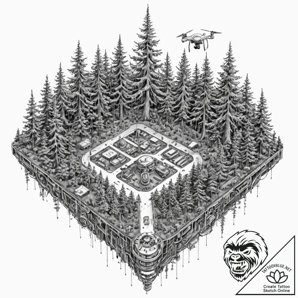 Tattoo design, a drone's view of a forest, bu... - tattoo sketch (№1751567353_0, 03.07.2025 18:29) — tattoovalue.net