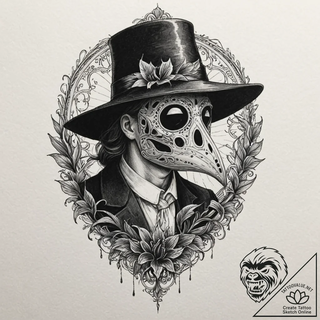Tattoo design, a beautiful plague doctor, the... - tattoo sketch (№1751567697_0, 03.07.2025 18:34) — tattoovalue.net