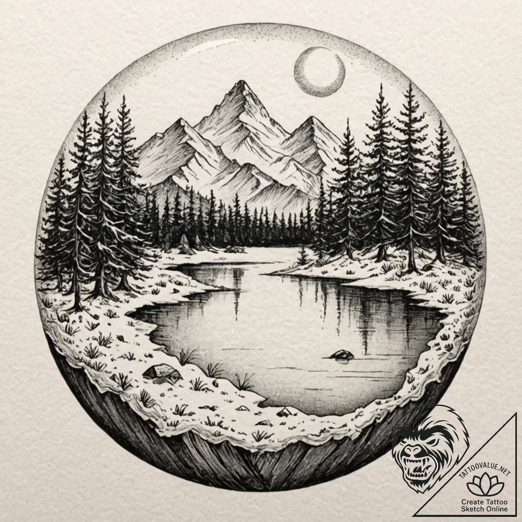 Tattoo design, a pristine natural landscape (... - tattoo sketch (№1751568646_0, 03.07.2025 18:50) — tattoovalue.net