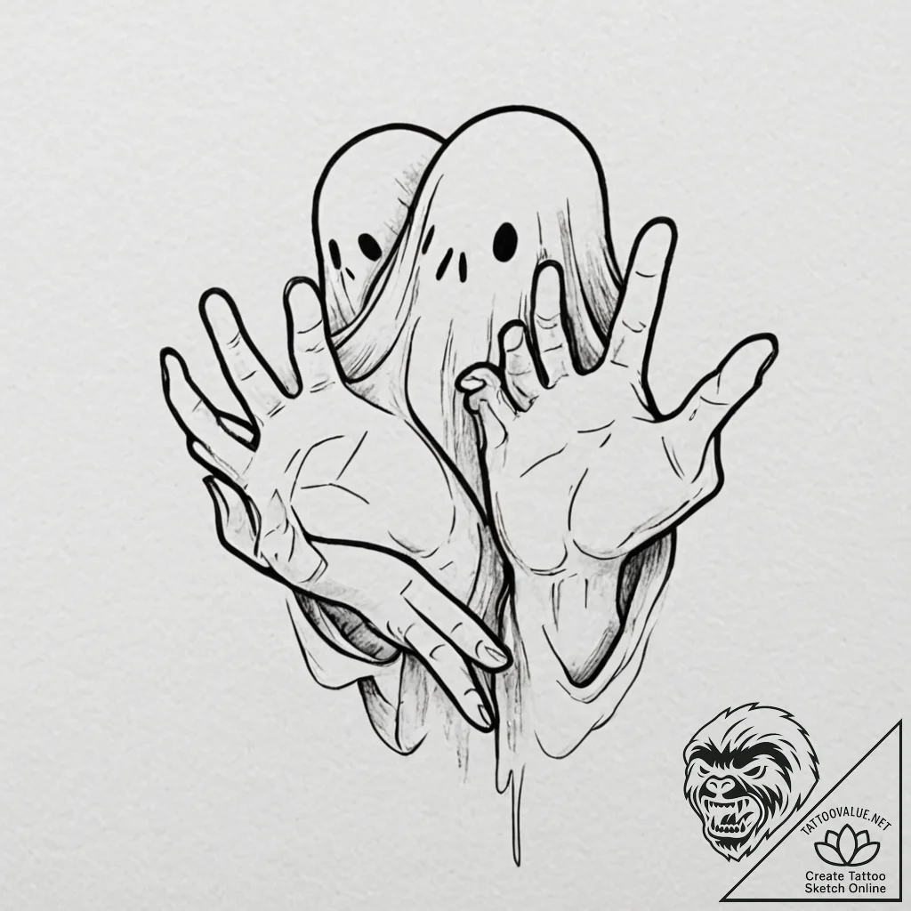 Tattoo design, handpoke style, a ghost trying... - tattoo sketch (№1751568819_0, 03.07.2025 18:53) — tattoovalue.net