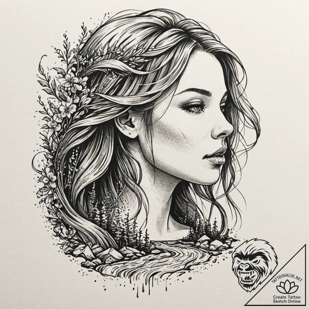 Tattoo design, a woman's face in profile, her... - tattoo sketch (№1751571983_0, 03.07.2025 19:46) — tattoovalue.net