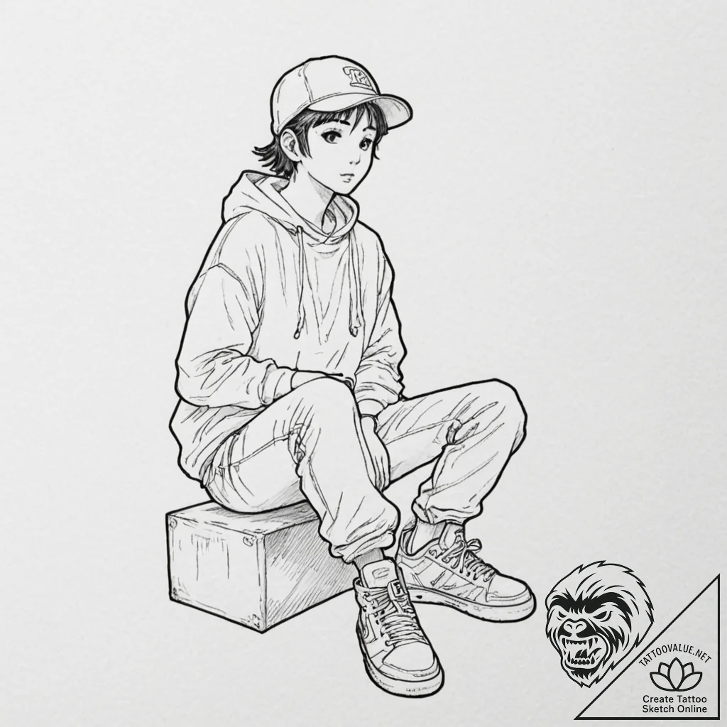 (aesthetic of slice-of-life manga, lo-fi hip... - tattoo sketch (№1751572622_0, 03.07.2025 19:57) — tattoovalue.net