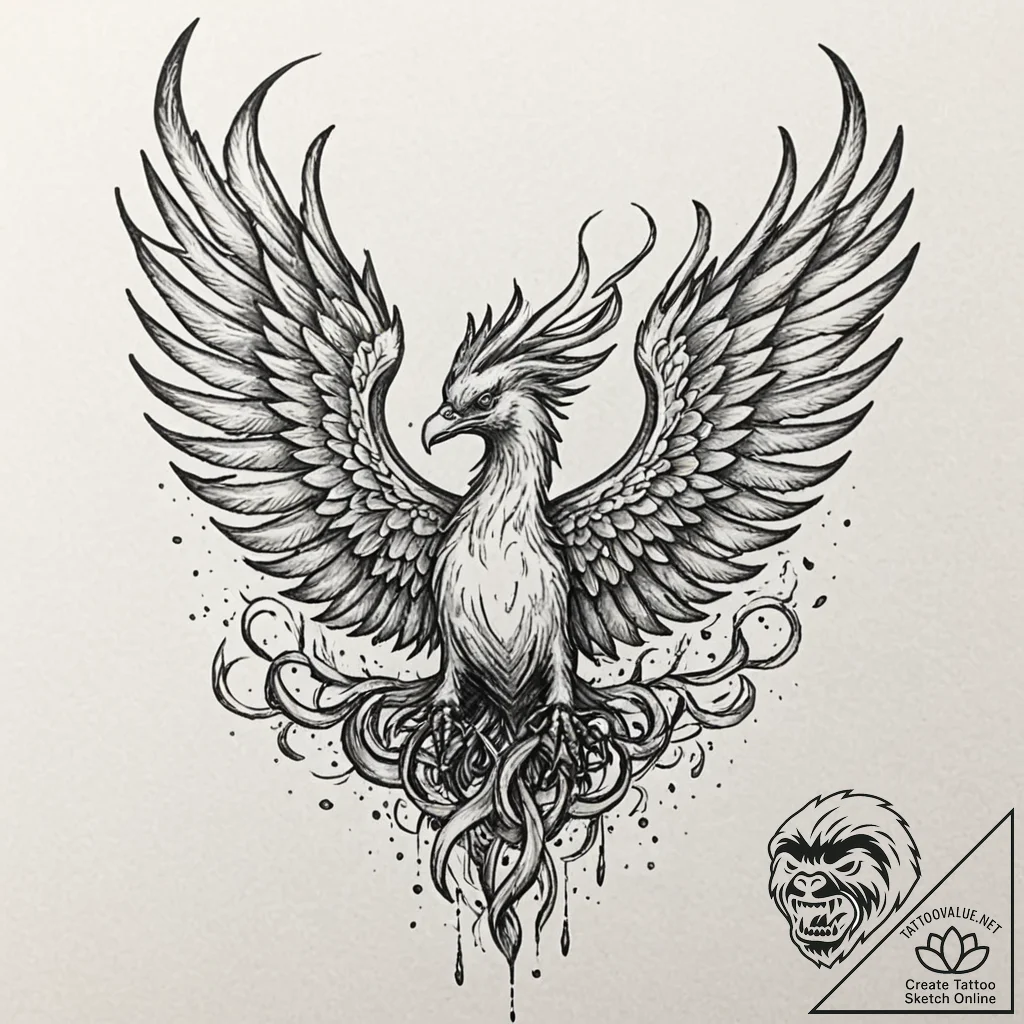 Tattoo design, a phoenix rising, but it is ma... - tattoo sketch (№1751573828_0, 03.07.2025 20:17) — tattoovalue.net
