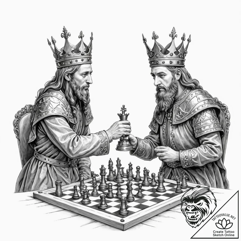 Tattoo design, two crowned kings playing ches... - tattoo sketch (№1751574684_0, 03.07.2025 20:31) — tattoovalue.net