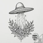 Tattoo design, a tiny ufo abducting a single… – tattoo sketch (№1751574853_0, 03.07.2025 20:34) — tattoovalue.net