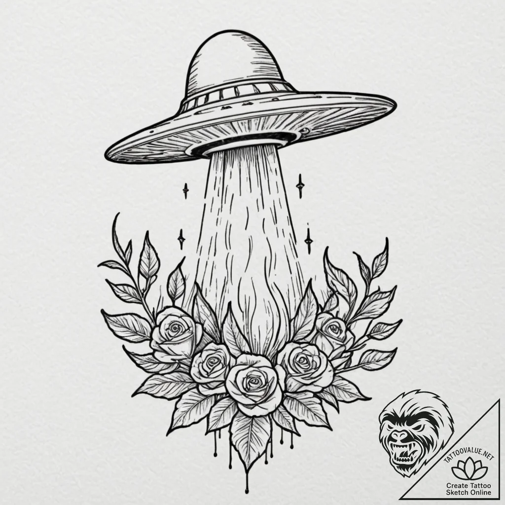 Tattoo design, a tiny ufo abducting a single... - tattoo sketch (№1751574853_0, 03.07.2025 20:34) — tattoovalue.net