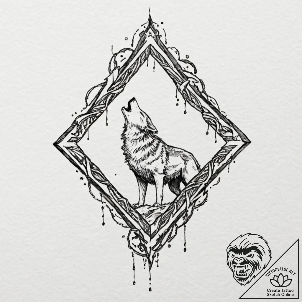 Tattoo sketch of wolf howling runes into the... - tattoo sketch (№1751575109_0, 03.07.2025 20:38) — tattoovalue.net