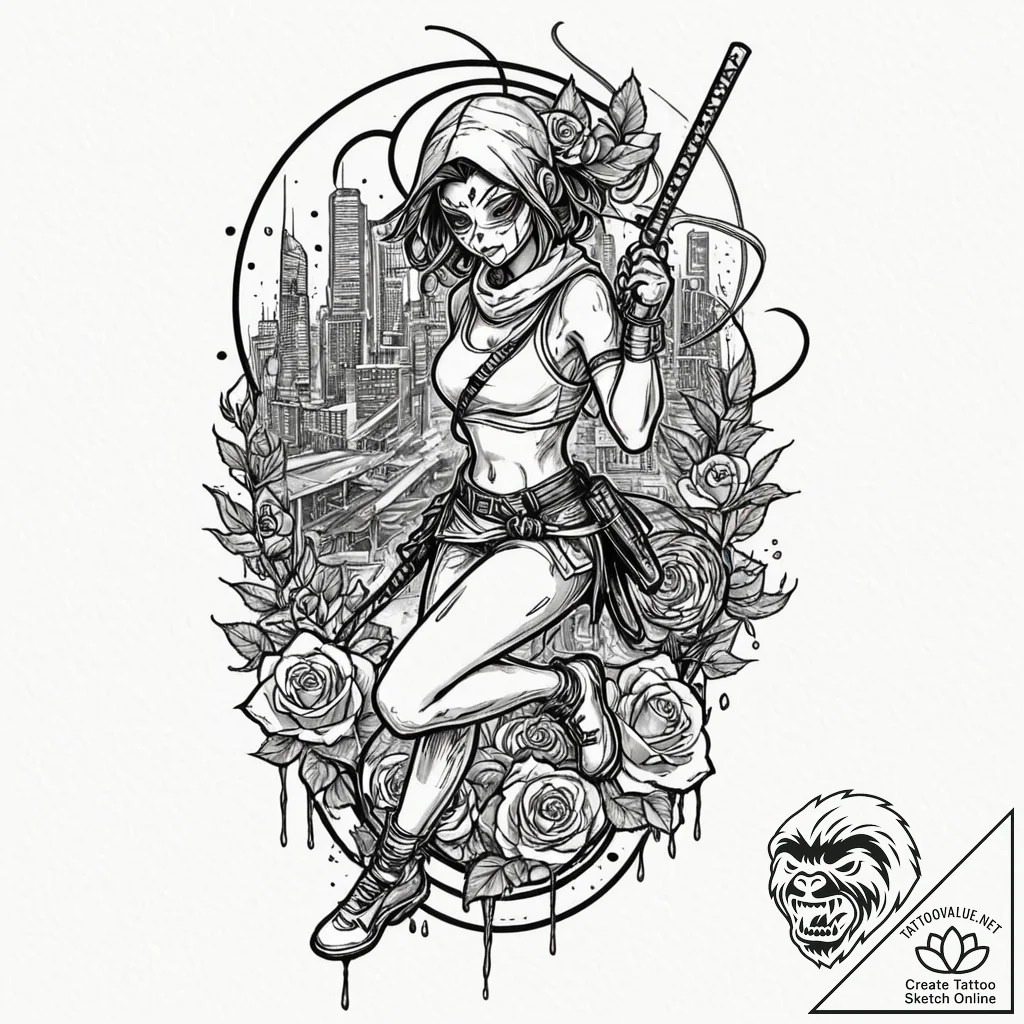 Tattoo sleeve design, tech-noir manga style,... - tattoo sketch (№1751575714_0, 03.07.2025 20:48) — tattoovalue.net