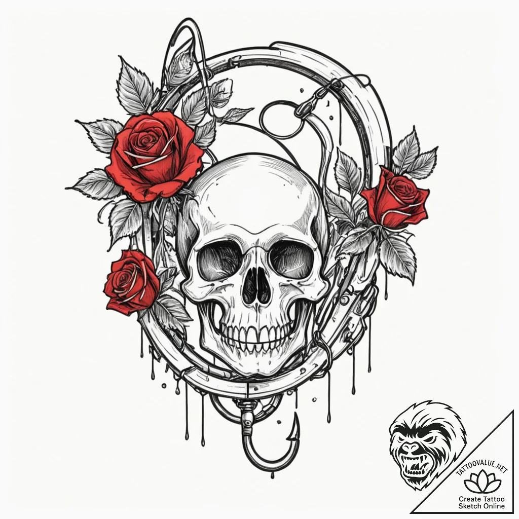 Tattoo design, a fishing hook, baited with a... - tattoo sketch (№1751576401_0, 03.07.2025 21:00) — tattoovalue.net