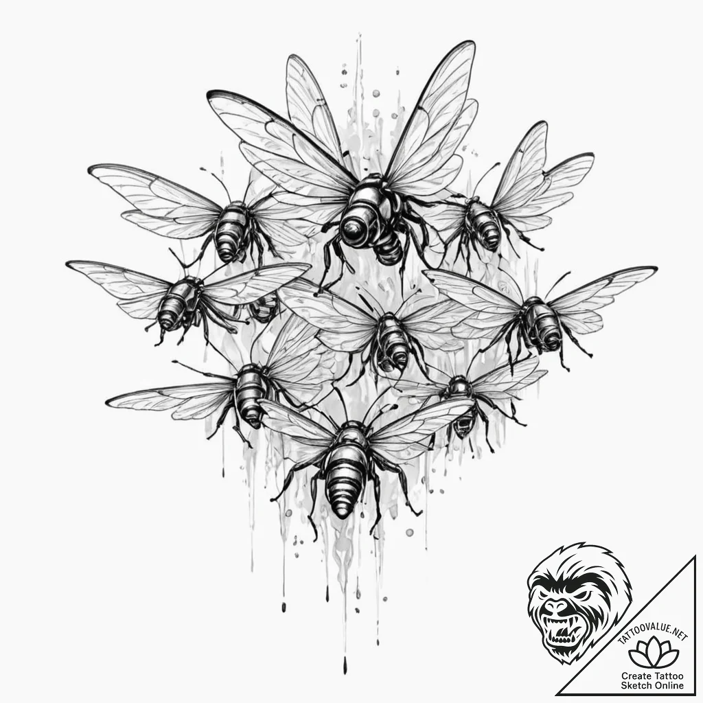 Tattoo design, a swarm of fpv drones stylized... - tattoo sketch (№1751577431_0, 03.07.2025 21:17) — tattoovalue.net