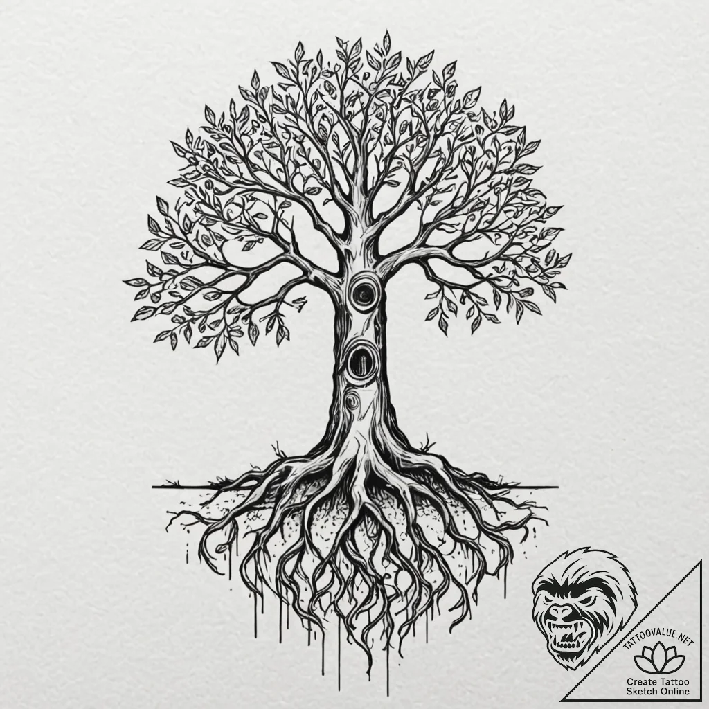 Tattoo design, a tree with deep roots breakin... - tattoo sketch (№1751579062_0, 03.07.2025 21:44) — tattoovalue.net