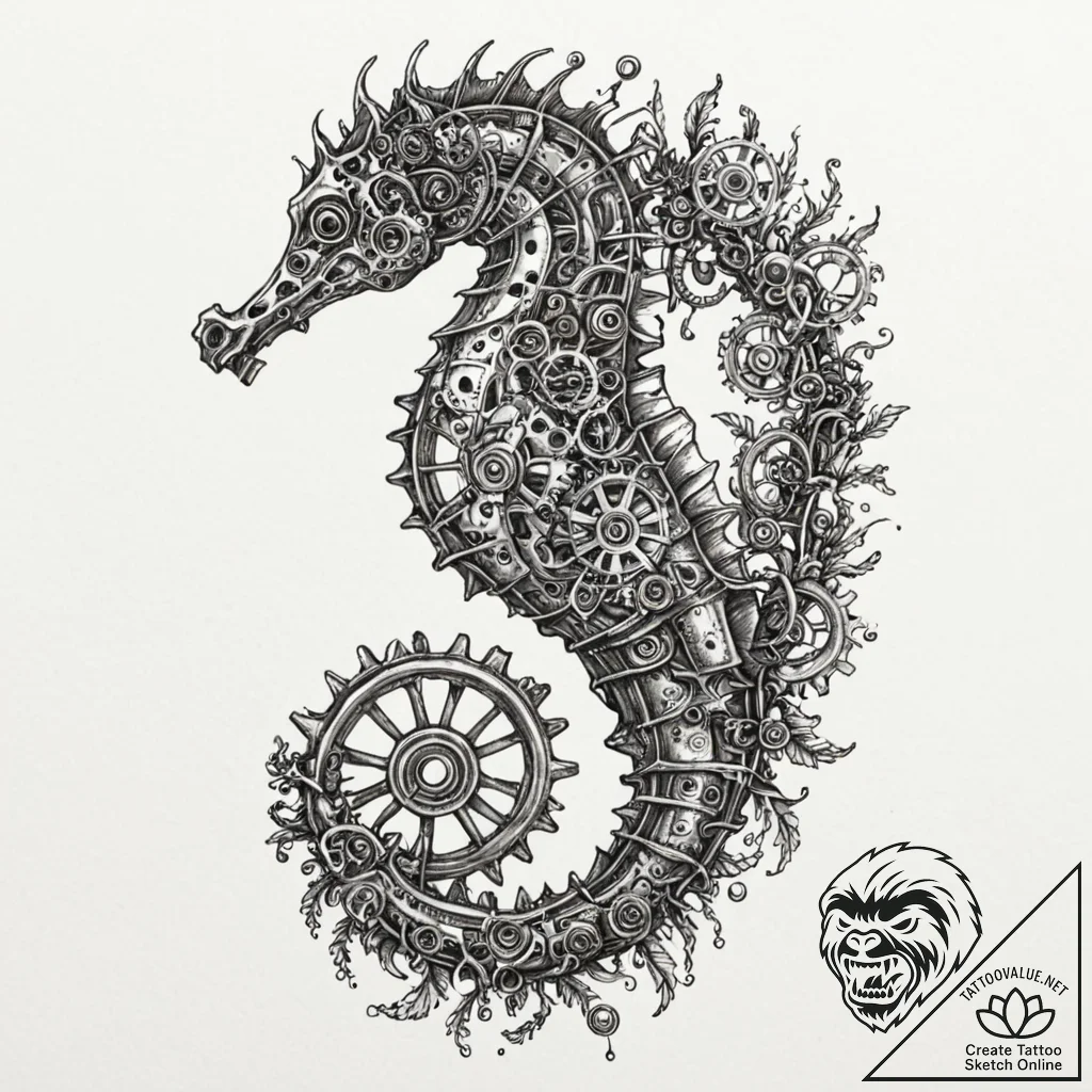 Tattoo design, a seahorse, its body is made o... - tattoo sketch (№1751580260_0, 03.07.2025 22:04) — tattoovalue.net