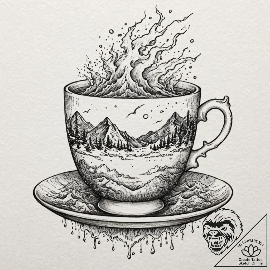 Tattoo design, a teacup, a storm with lightni... - tattoo sketch (№1751580865_0, 03.07.2025 22:14) — tattoovalue.net
