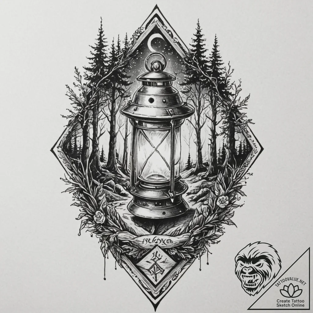 Tattoo sketch of rune-encrypted lantern hangi... - tattoo sketch (№1751581377_0, 03.07.2025 22:22) — tattoovalue.net
