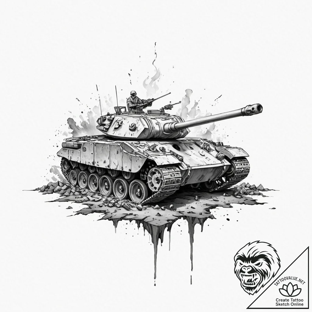 Tattoo design, the ghost of a destroyed tank,... - tattoo sketch (№1751581806_0, 03.07.2025 22:30) — tattoovalue.net