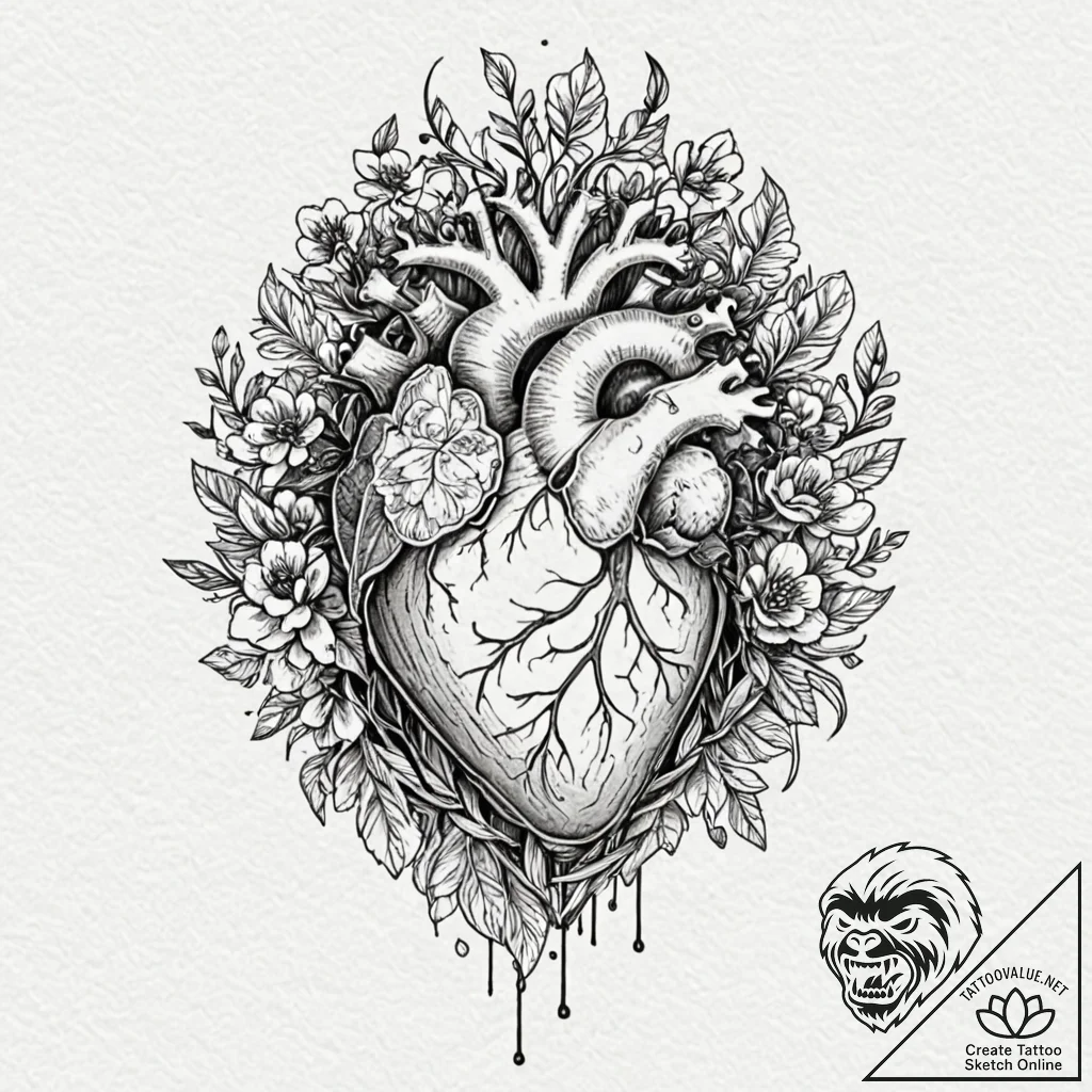 Tattoo design, an anatomical heart held by mu... - tattoo sketch (№1751582320_0, 03.07.2025 22:38) — tattoovalue.net
