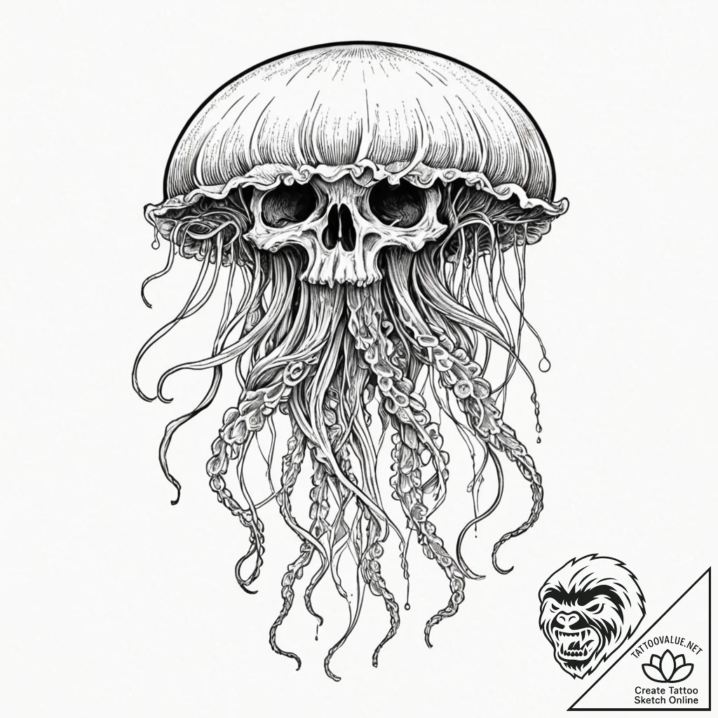 Tattoo design, a jellyfish, its bell is a hum... - tattoo sketch (№1751583089_0, 03.07.2025 22:51) — tattoovalue.net