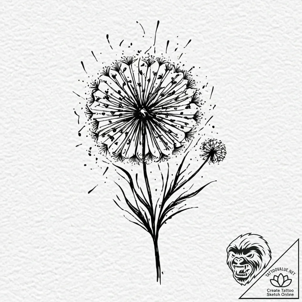 Tattoo design, a dandelion with its seeds bei... - tattoo sketch (№1751583688_0, 03.07.2025 23:01) — tattoovalue.net