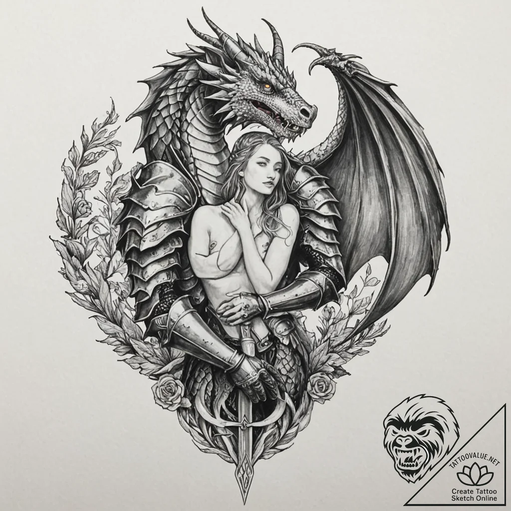 Tattoo sleeve design, knight and the dragones... - tattoo sketch (№1751583775_0, 03.07.2025 23:02) — tattoovalue.net