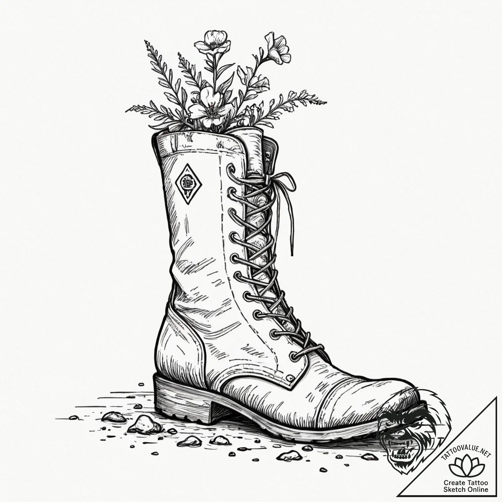 Tattoo design, a single boot, muddy and worn,... - tattoo sketch (№1751584034_0, 03.07.2025 23:07) — tattoovalue.net