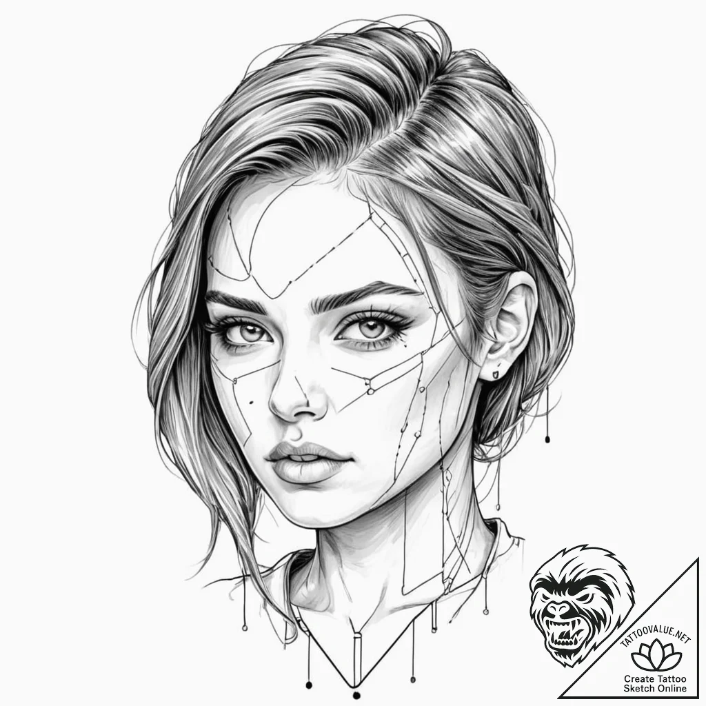 Tattoo design, portrait of a girl, her face i... - tattoo sketch (№1751584550_0, 03.07.2025 23:15) — tattoovalue.net