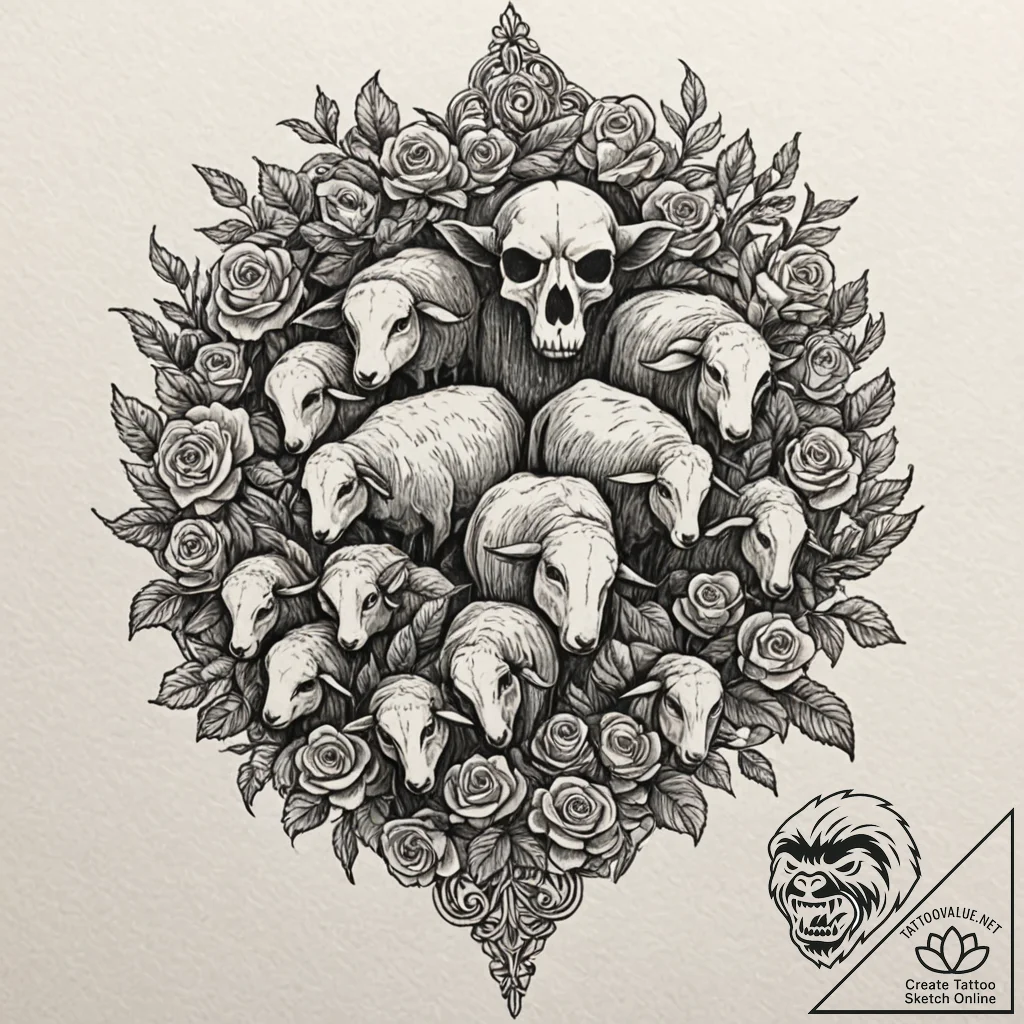 Tattoo design, a shepherd herding a flock of... - tattoo sketch (№1751584719_0, 03.07.2025 23:18) — tattoovalue.net