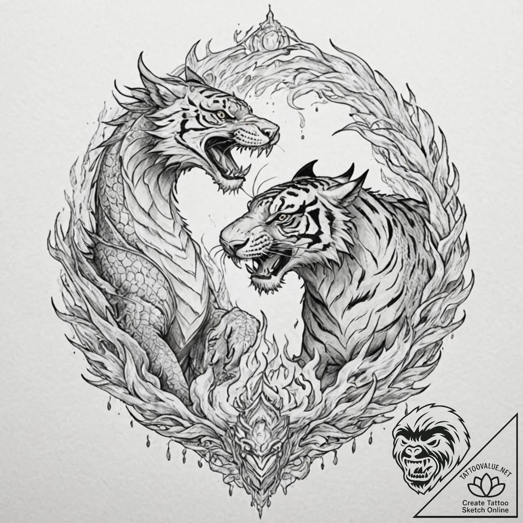 Tattoo design, a dragon and a tiger fighting,... - tattoo sketch (№1751585064_0, 03.07.2025 23:24) — tattoovalue.net