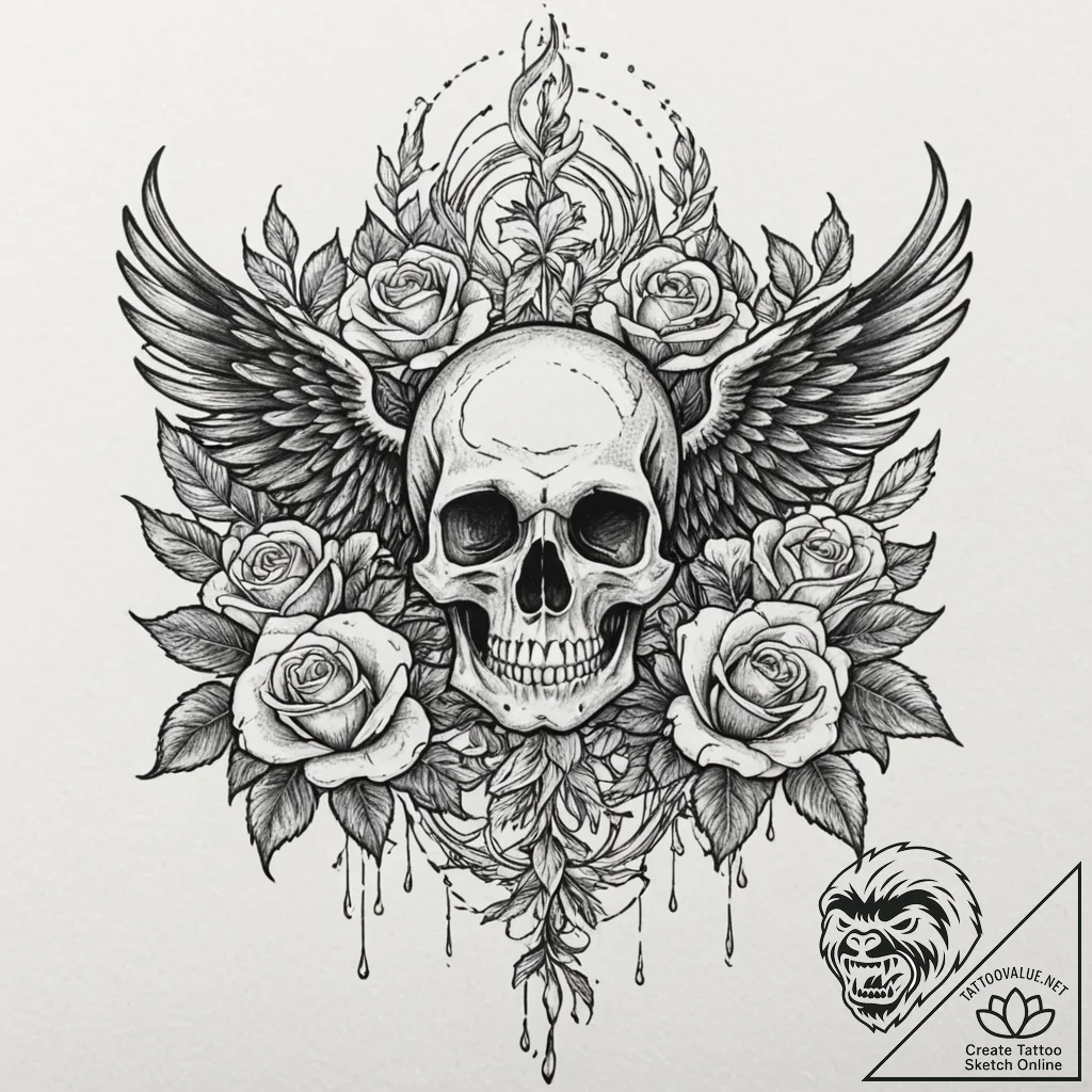 Tattoo design, a phoenix rising, but it is ma... - tattoo sketch (№1751585411_0, 03.07.2025 23:30) — tattoovalue.net