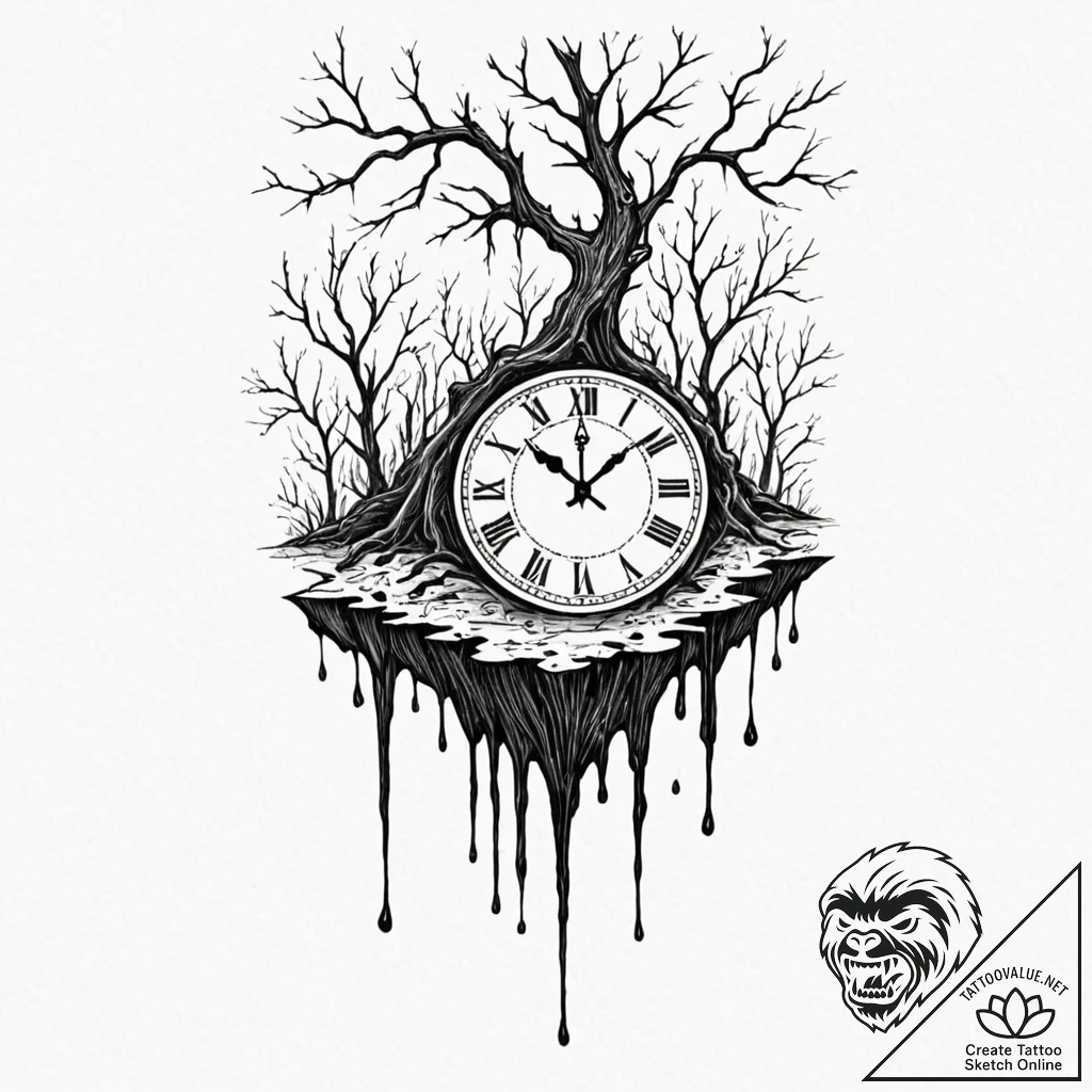 Tattoo design, a clock, melting and dripping... - tattoo sketch (№1751586352_0, 03.07.2025 23:45) — tattoovalue.net