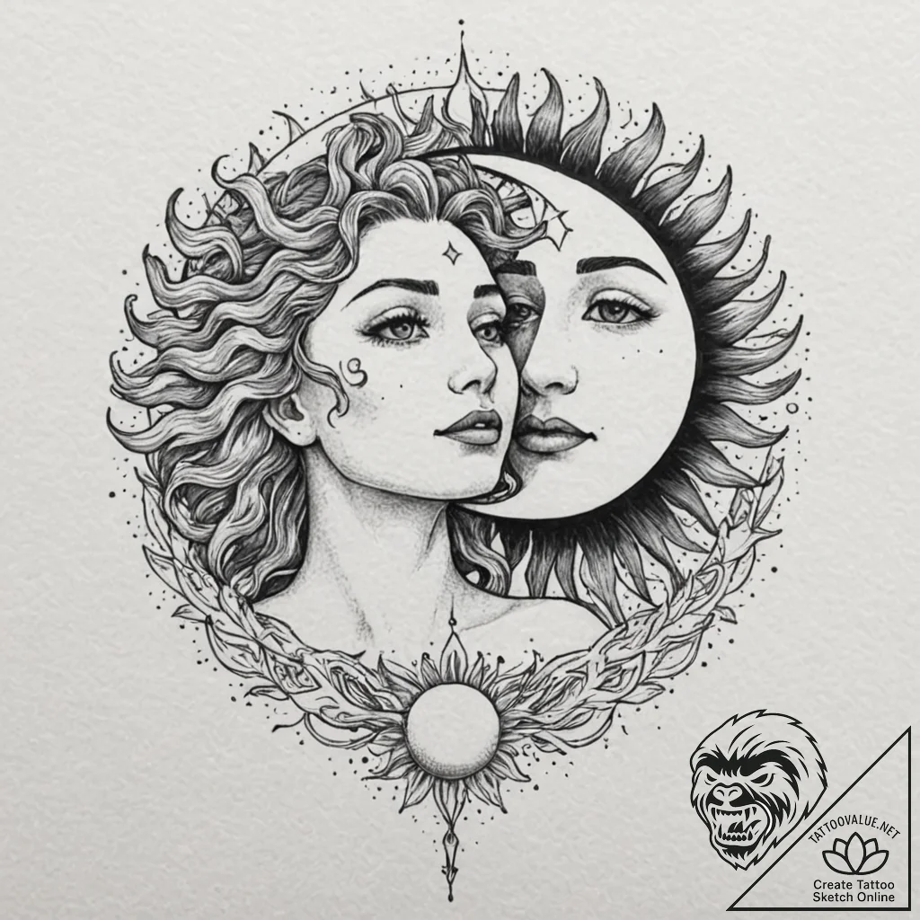 Tattoo design, a sun and moon in a passionate... - tattoo sketch (№1751588270_0, 04.07.2025 00:17) — tattoovalue.net