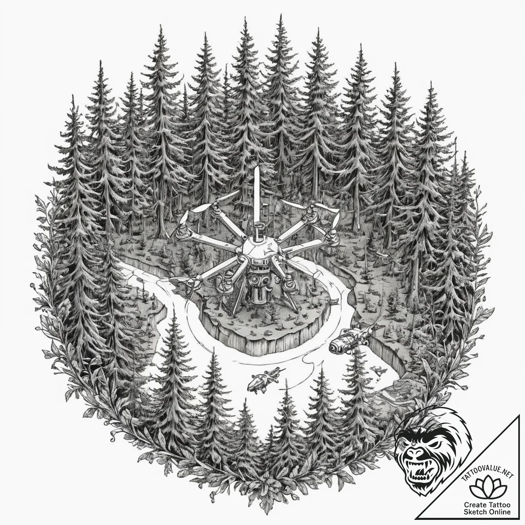 Tattoo design, drone's view of a forest, but... - tattoo sketch (№1751588701_0, 04.07.2025 00:25) — tattoovalue.net