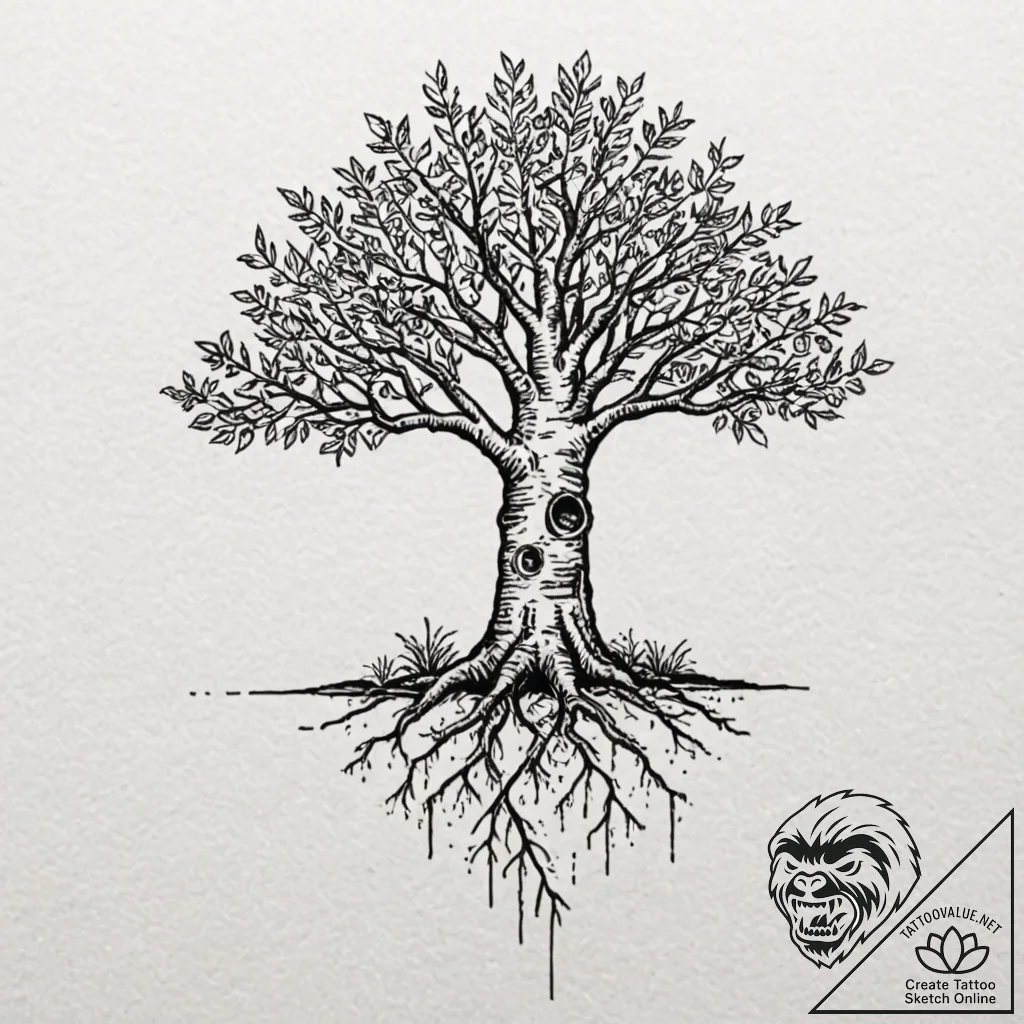 Tattoo design, a tree with deep roots breakin... - tattoo sketch (№1751589998_0, 04.07.2025 00:46) — tattoovalue.net