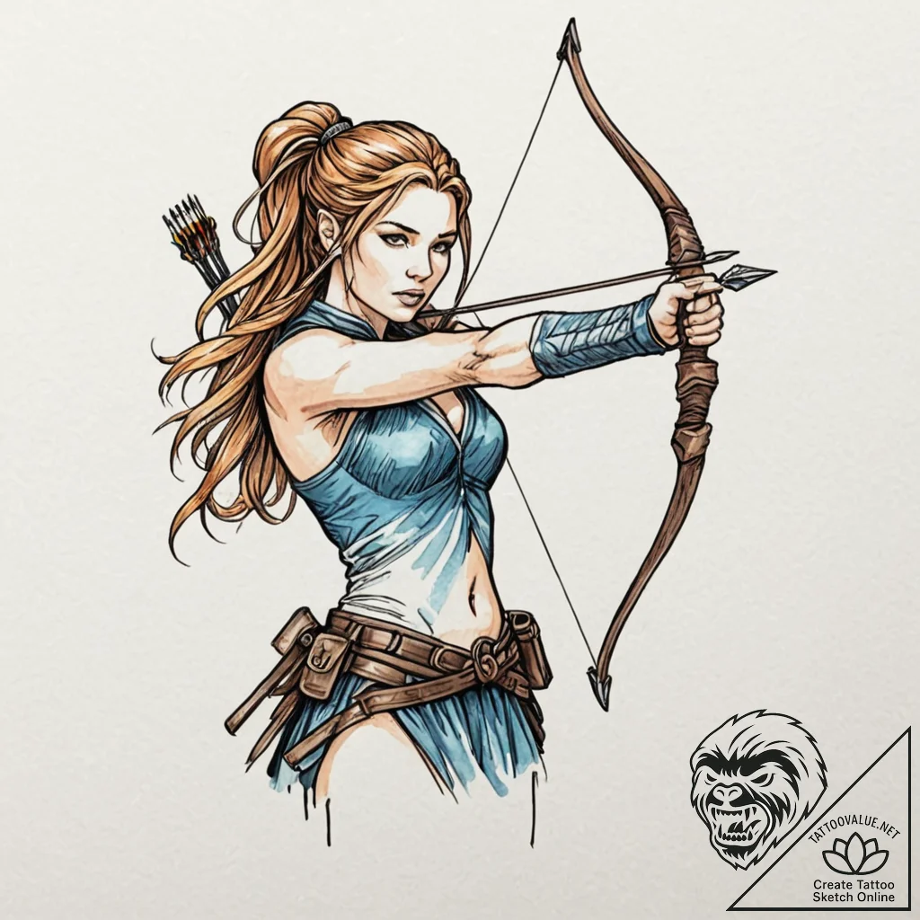 Tattoo design, a shieldmaiden drawing a bow,... - tattoo sketch (№1751590085_0, 04.07.2025 00:48) — tattoovalue.net