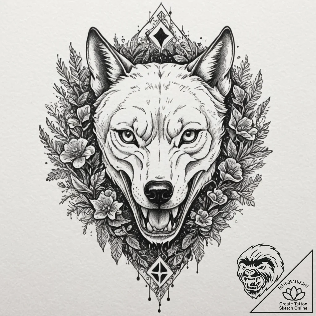 Tattoo design, a wolf's skull, split in half,... - tattoo sketch (№1751590171_0, 04.07.2025 00:49) — tattoovalue.net