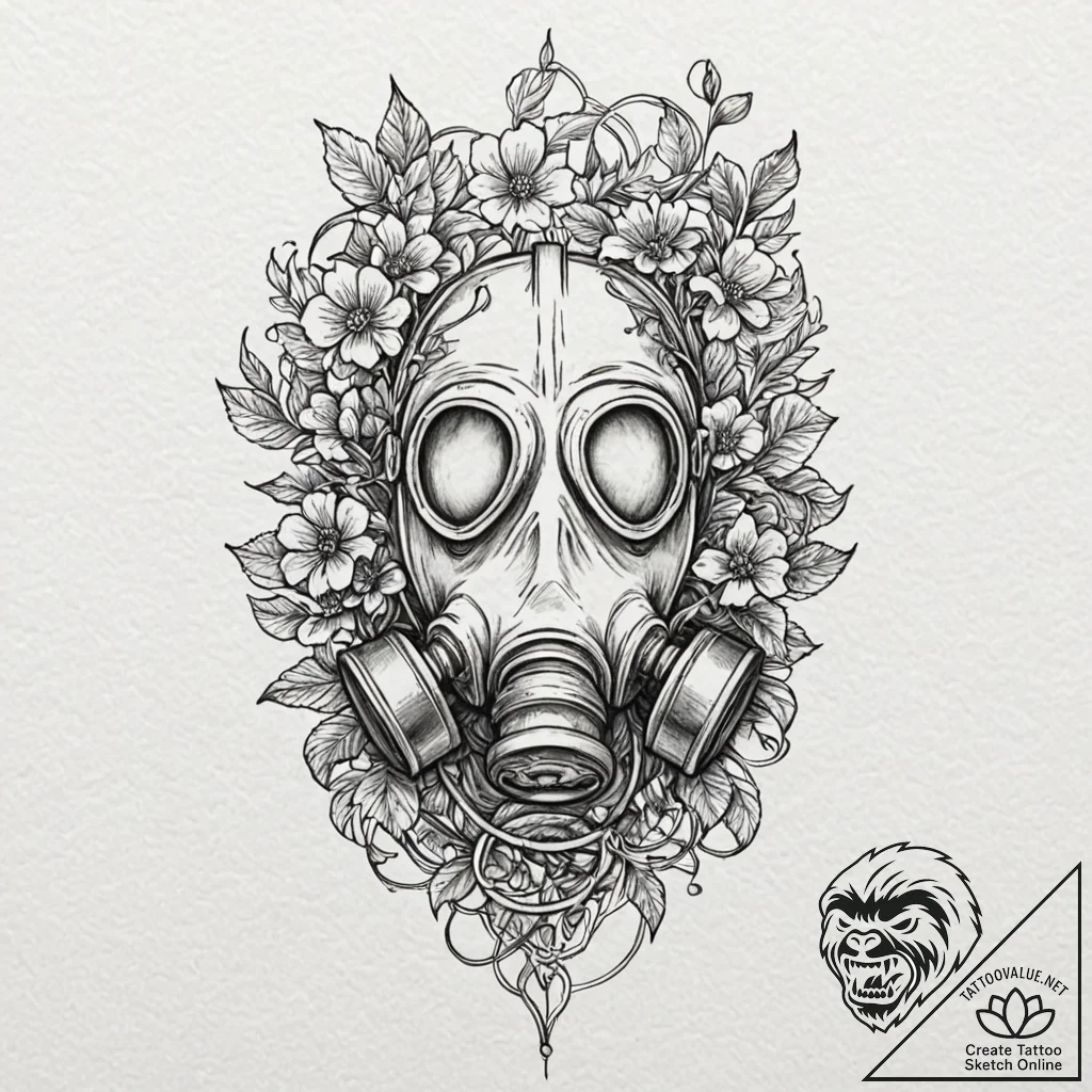 Tattoo design, a gas mask, overgrown with int... - tattoo sketch (№1751590430_0, 04.07.2025 00:53) — tattoovalue.net