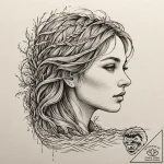 Tattoo design, a woman’s face in profile, her… – tattoo sketch (№1751591071_0, 04.07.2025 01:04) — tattoovalue.net