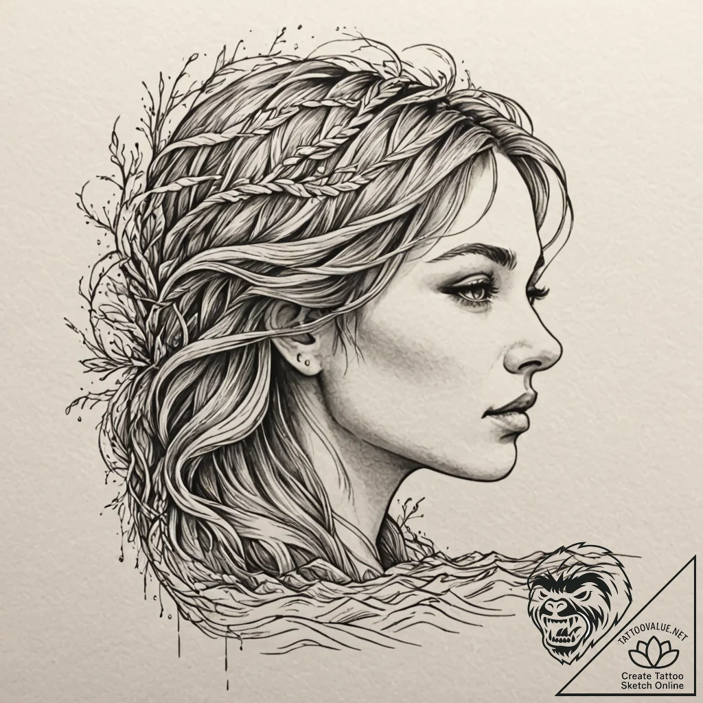 Tattoo design, a woman's face in profile, her... - tattoo sketch (№1751591071_0, 04.07.2025 01:04) — tattoovalue.net