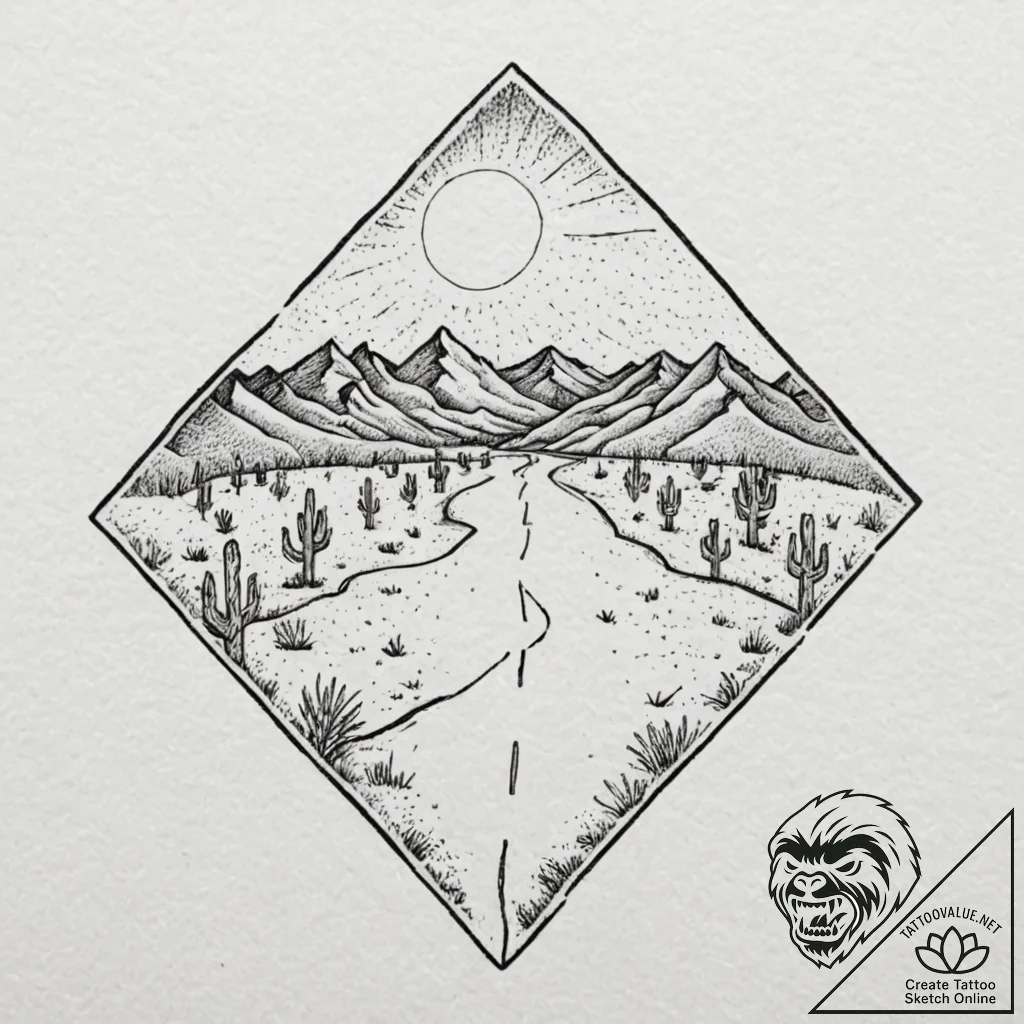 Tattoo design, a road winding through a deser... - tattoo sketch (№1751591678_0, 04.07.2025 01:14) — tattoovalue.net