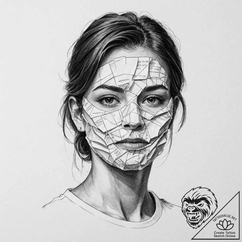 Tattoo design, a human face wearing a mask ma... - tattoo sketch (№1751591766_0, 04.07.2025 01:16) — tattoovalue.net