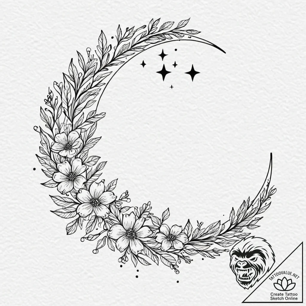 Tattoo design, a crescent moon, with wildflow... - tattoo sketch (№1751592108_0, 04.07.2025 01:21) — tattoovalue.net