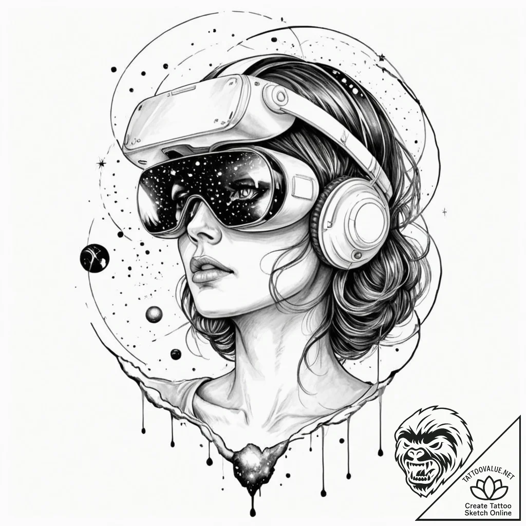 Tattoo design, a beautiful woman wearing a vr... - tattoo sketch (№1751592718_0, 04.07.2025 01:31) — tattoovalue.net
