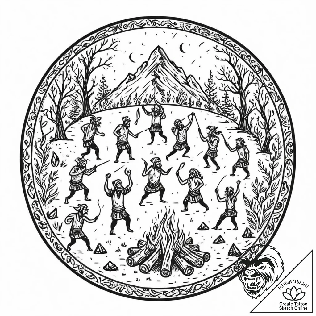 Tattoo design, a circle of dancing vikings ar... - tattoo sketch (№1751592979_0, 04.07.2025 01:36) — tattoovalue.net